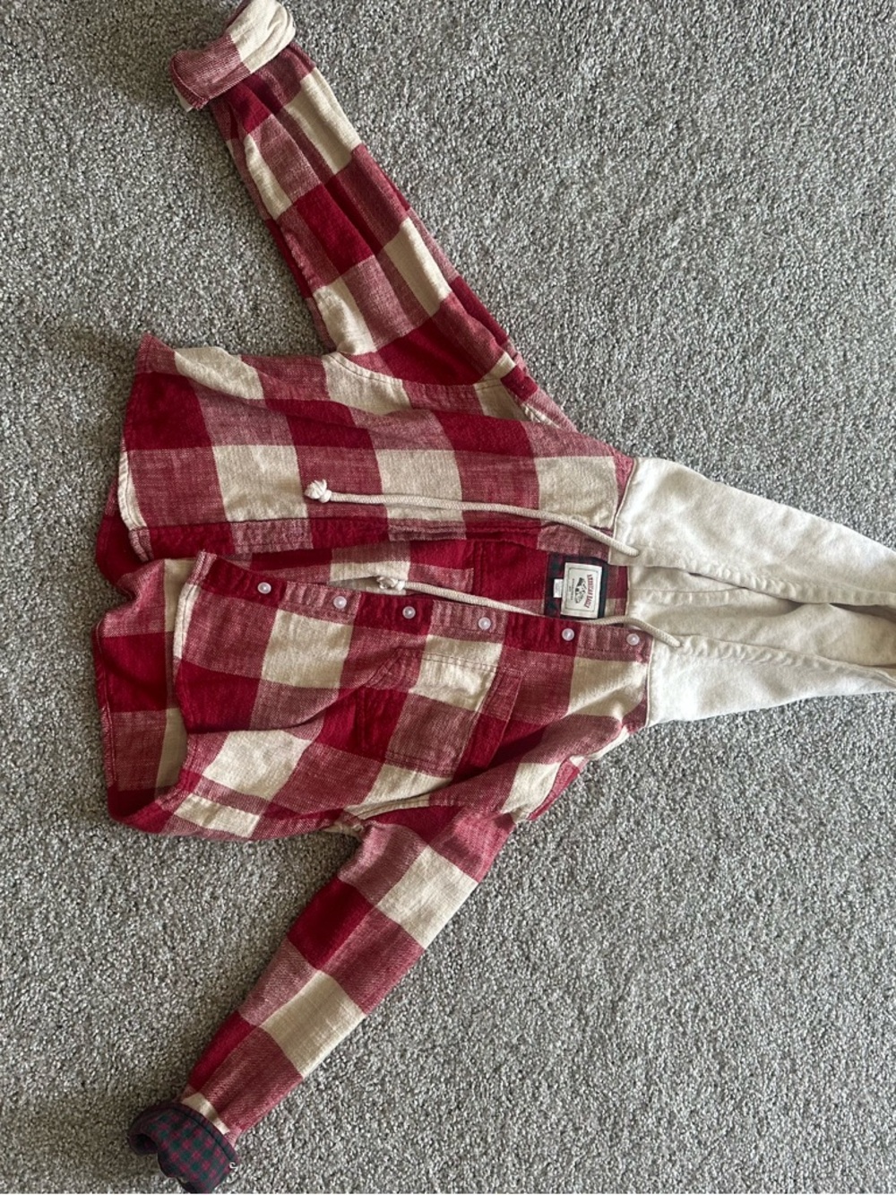 American Eagle Outfitters Red and Cream Plaid Hooded Shirt Jacket